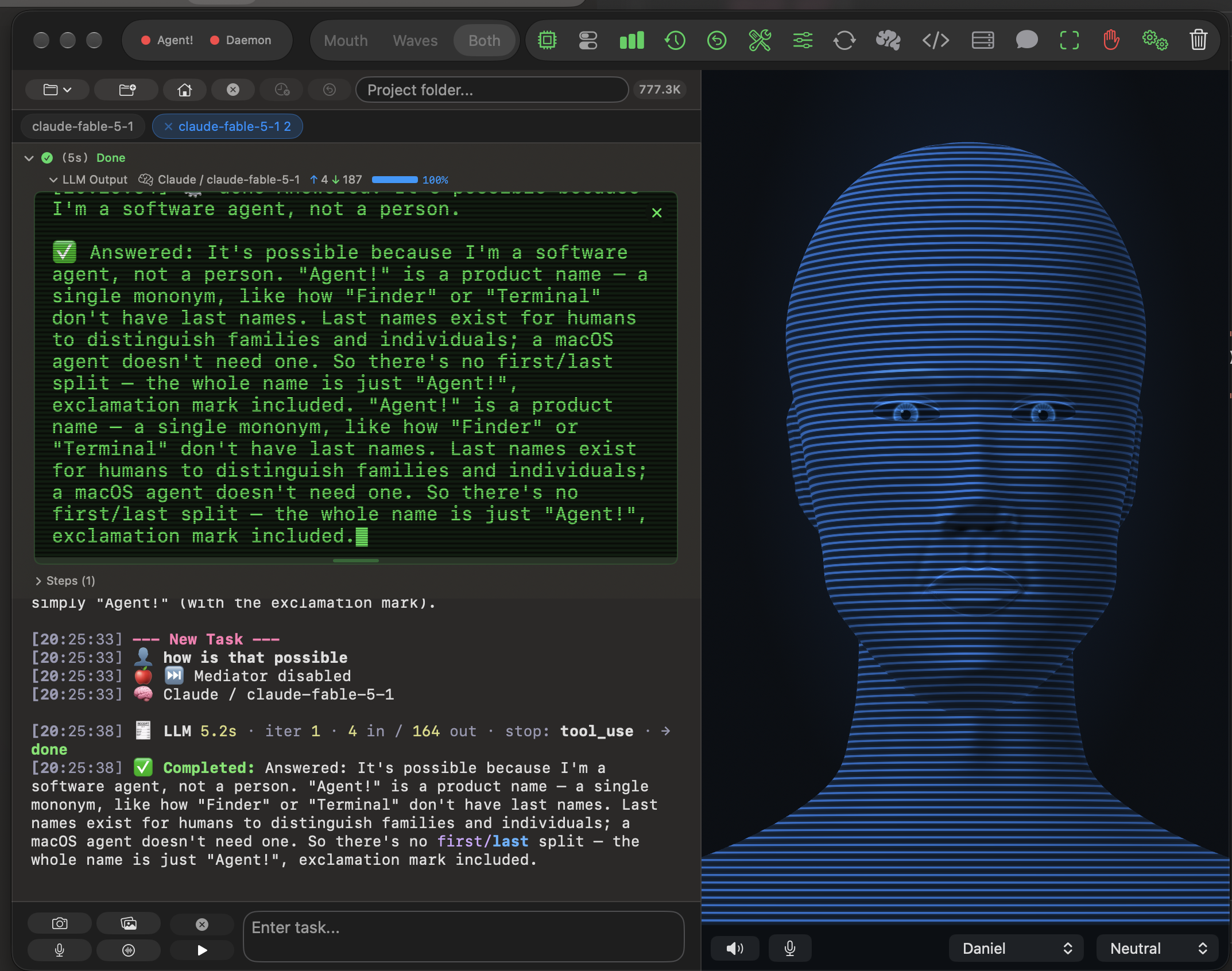 Agent! for Mac with the task log on the left and, on the right, a blue wireframe head made of horizontal scan lines, facing forward with glowing eyes. The toolbar shows Mouth, Waves and Both options; the bottom bar shows a voice picker set to Daniel and a mood picker set to Neutral.