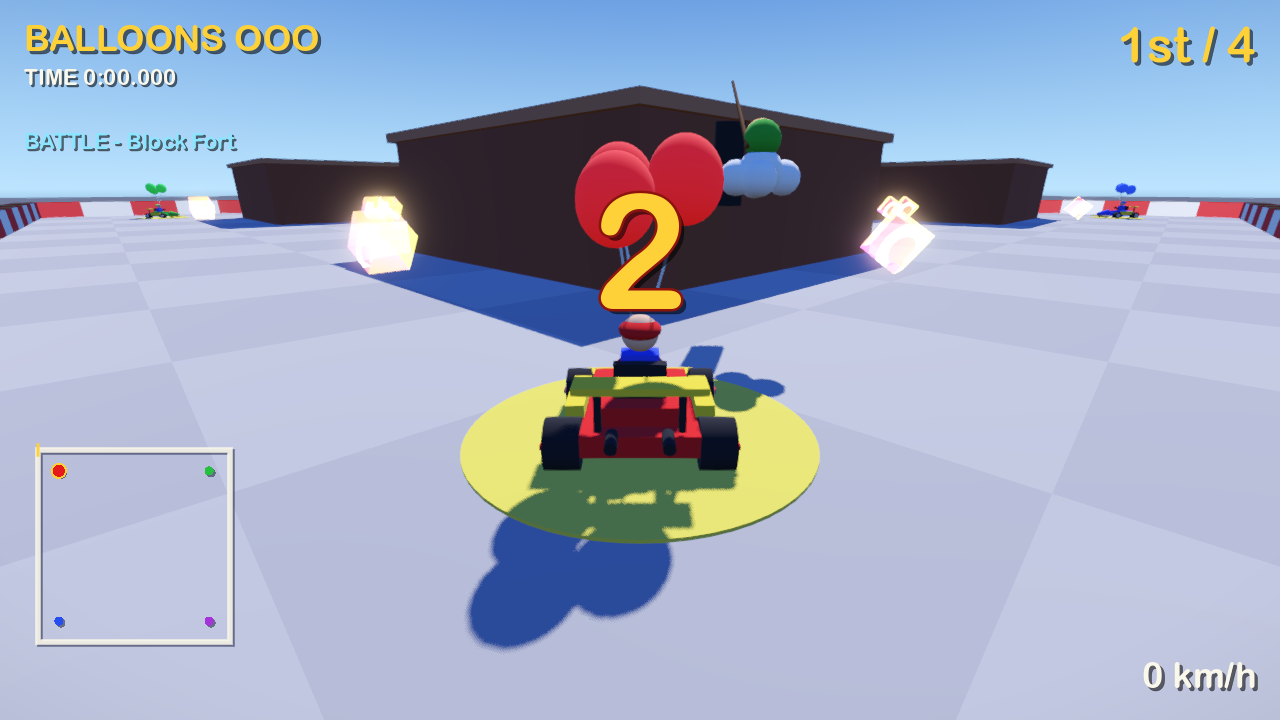 GoKart 0.0.2 Battle mode: four karts on their start pads in a battle arena, each with three balloons tied to it, and Lakitu's start signal overhead.