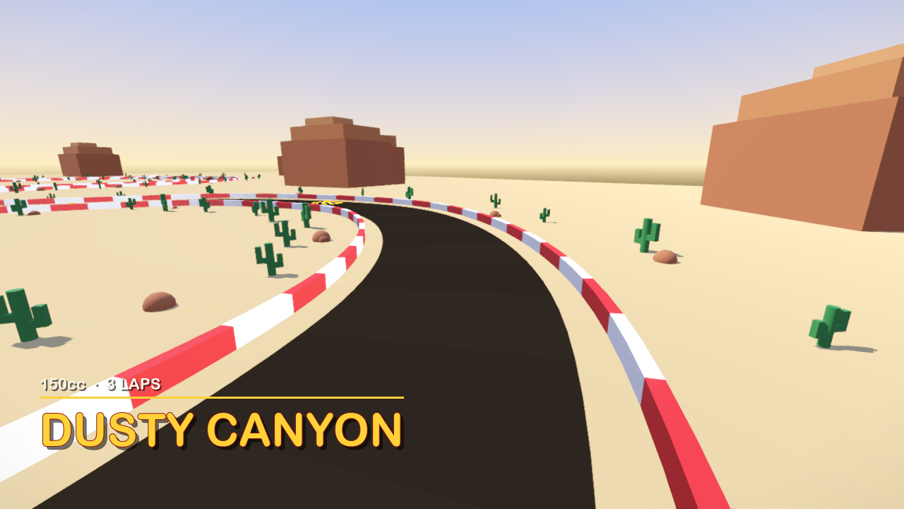 The GoKart 0.0.2 course intro for Dusty Canyon: a fly-over of the desert road with the course name DUSTY CANYON and a one-line description on a card along the bottom of the screen.