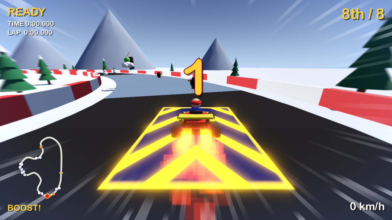GoKart 0.0.2 on Frosty Peaks: a penguin sliding on its belly across the pale blue-white ice of the long sweeper ahead of the player kart.