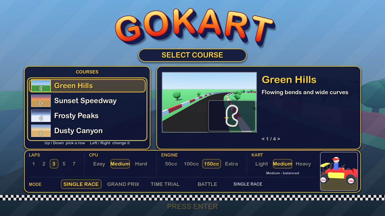 The GoKart 0.0.2 select screen: the GOKART logo at the top, a course list on the left with a small picture beside each course name and the picked row lit, a live picture of the course with the map outline in its corner on the right, rows of option pills for laps, CPU, engine class, kart weight and mode, and the player's kart turning in a small portrait window, all over the dimmed attract demo.