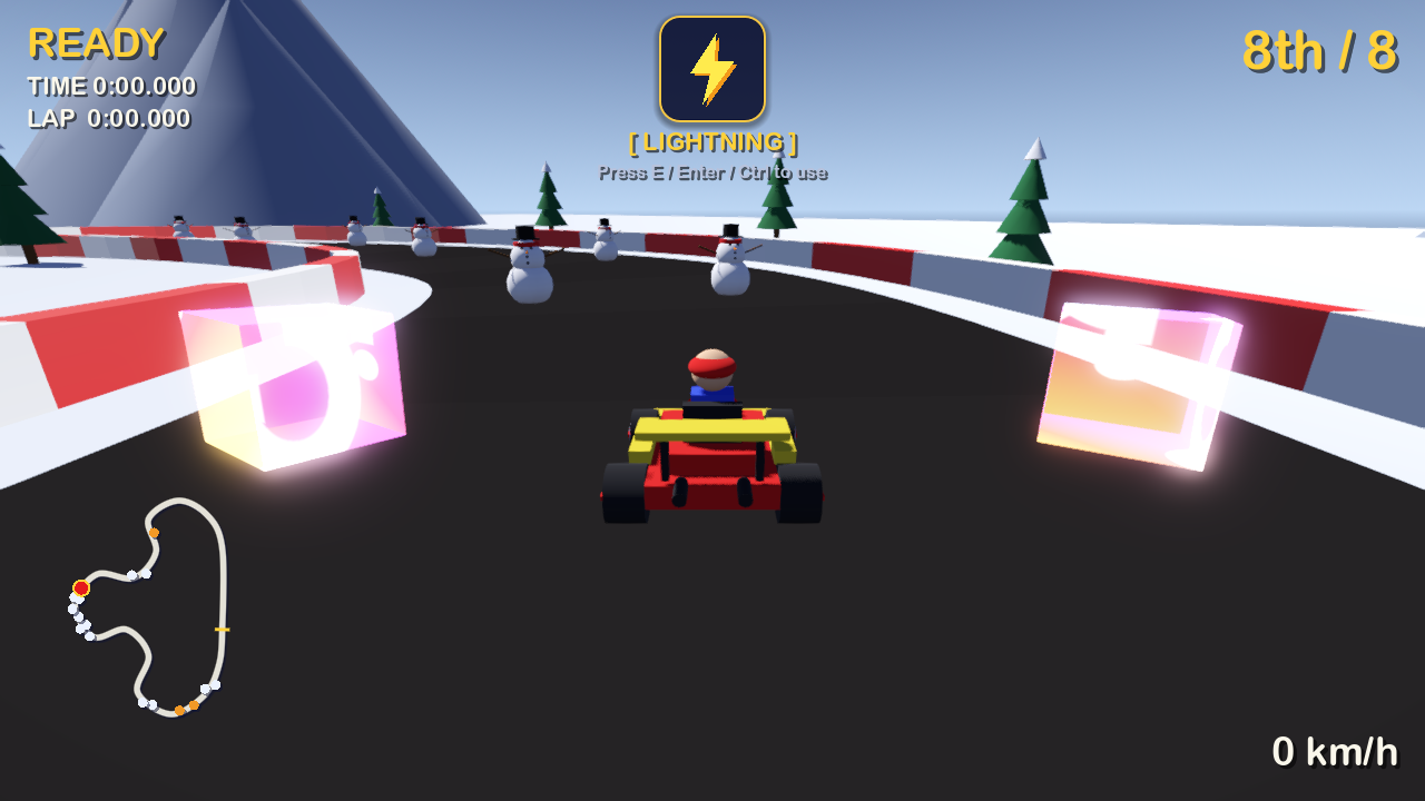 GoKart 0.0.2 on Frosty Peaks: the player kart at the entrance of a field of snowmen standing in staggered rows across the snow-white road, each with a red scarf, top hat and carrot nose, under a dark blue dusk sky.