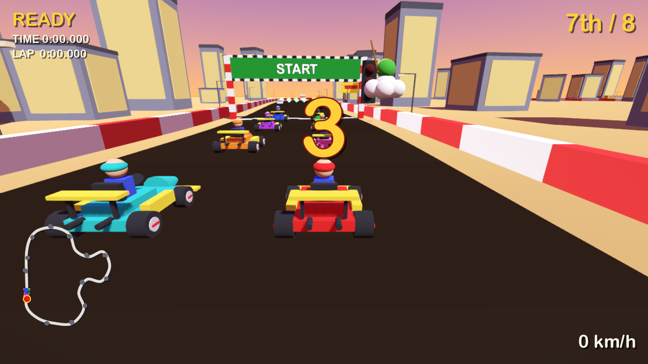 GoKart 0.0.2 on Sunset Speedway: the player kart drifting in 3rd of 8 on lap 1 under the sunset sky, with the Mario Kart 64 style HUD: a see-through course map in the bottom-left corner, place, lap and speed in a rounded gold-and-cream font.