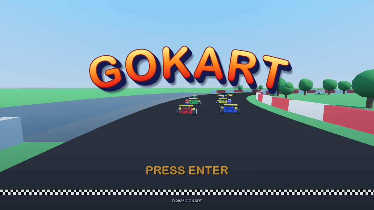 The GoKart 0.0.2 title screen: the word GOKART set on an arch in big yellow-to-red gradient letters with navy block sides and a soft shadow, over a live attract demo of CPU karts lapping a course, with PRESS ENTER underneath.