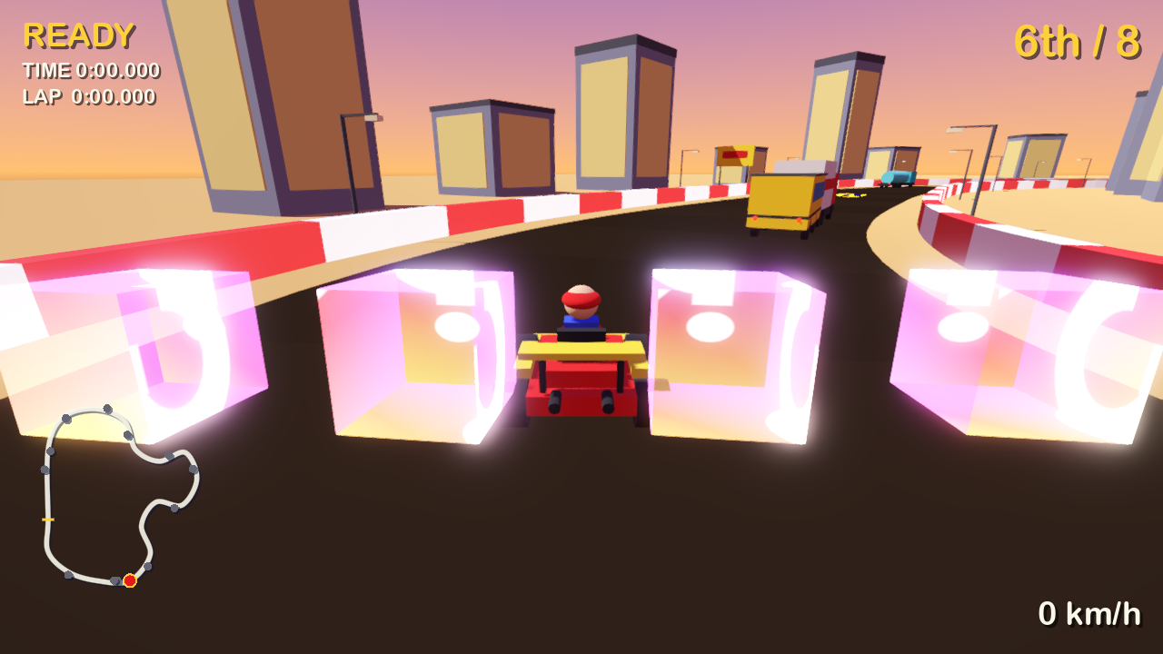 GoKart 0.0.2 on Sunset Speedway: the player kart stuck behind a bus and a box truck with their headlights on in the two lanes of the road, under the sunset sky.