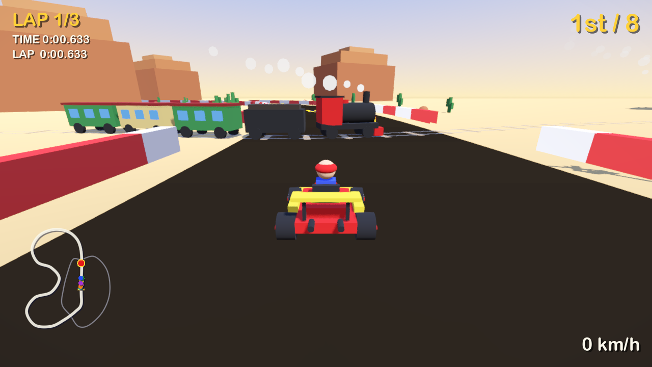 GoKart 0.0.2 on Dusty Canyon: the player kart waiting at a level crossing as a steam train rolls across the road, with a crossbuck signal beside the track, under a desert sky.
